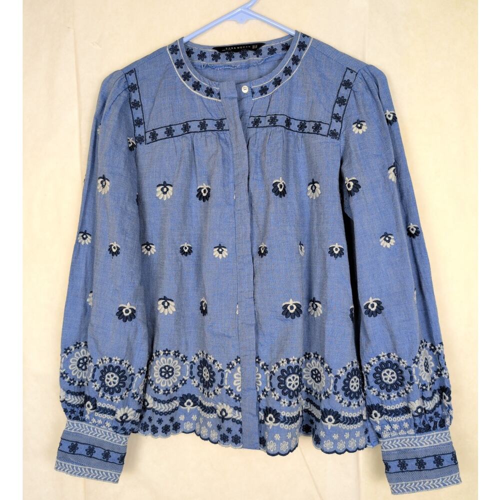 Zara blue floral embroidered cotton button up top Size XS Boho Cottagecore Retro